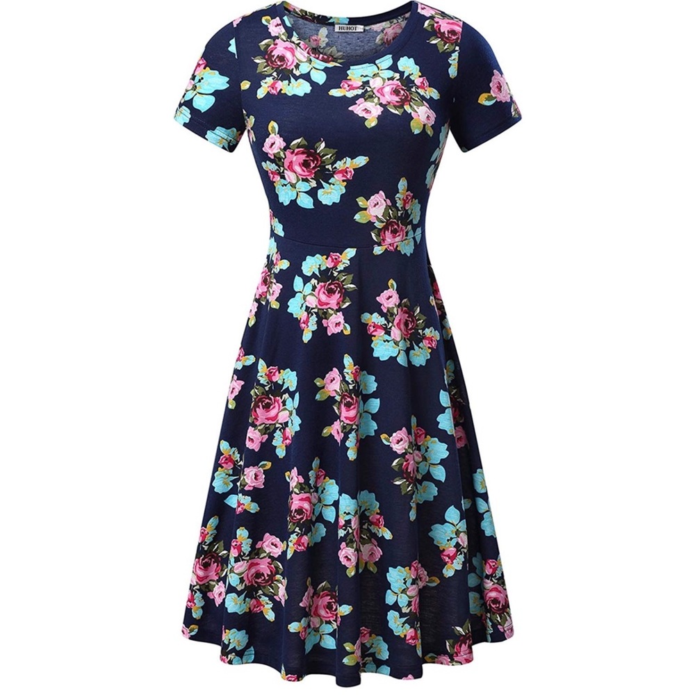 HUHOT Short Sleeve Round Neck Flared Midi Dress